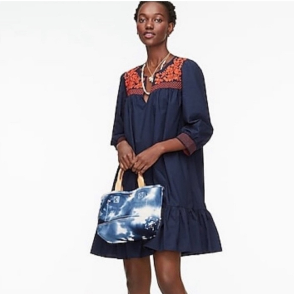 J. Crew Leda Navy Red Embroidered  Popover Dress  Medium